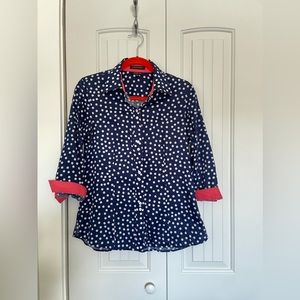 Foxcroft Fitted Fit Shirt Blue with white polka dots and salmon pink acccents